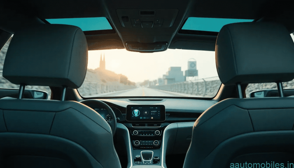 A modern car interior showing safety features like airbags, seatbelts, dashboard with ADAS display, and tire pressure monitoring system – futuristic yet realistic style.