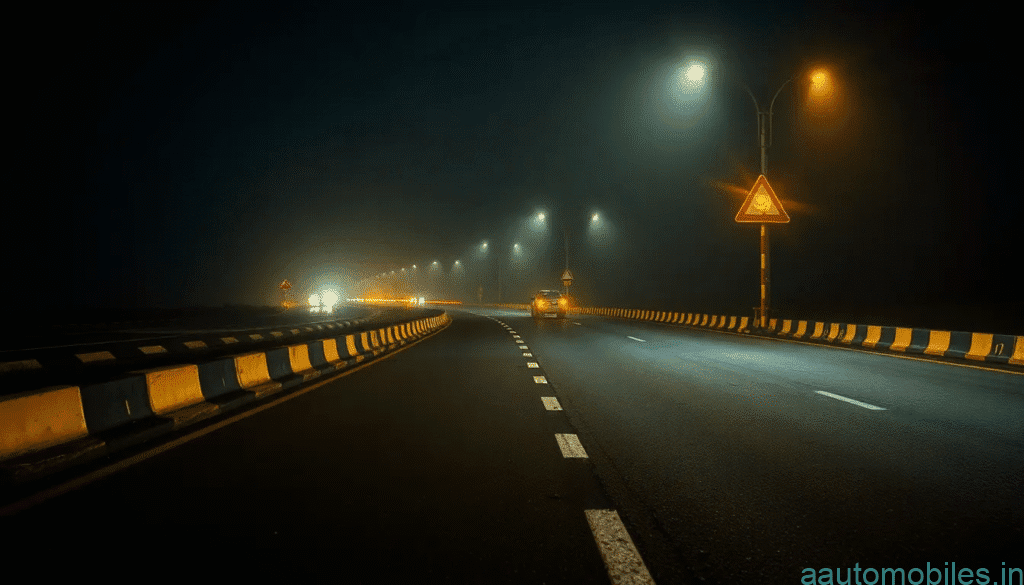 Reflective road markers and speed breaker sign at night in India.