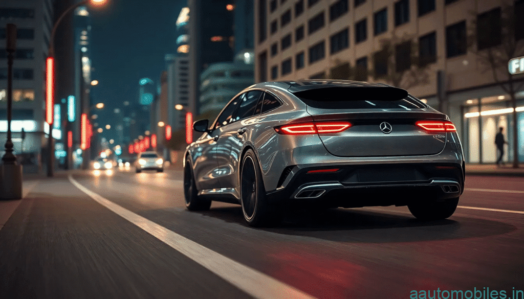 “Futuristic Mercedes-Benz EQ electric car on a city road, night scene, neon lights reflecting on the car, high-detail, cinematic, clean and modern style, concept car”