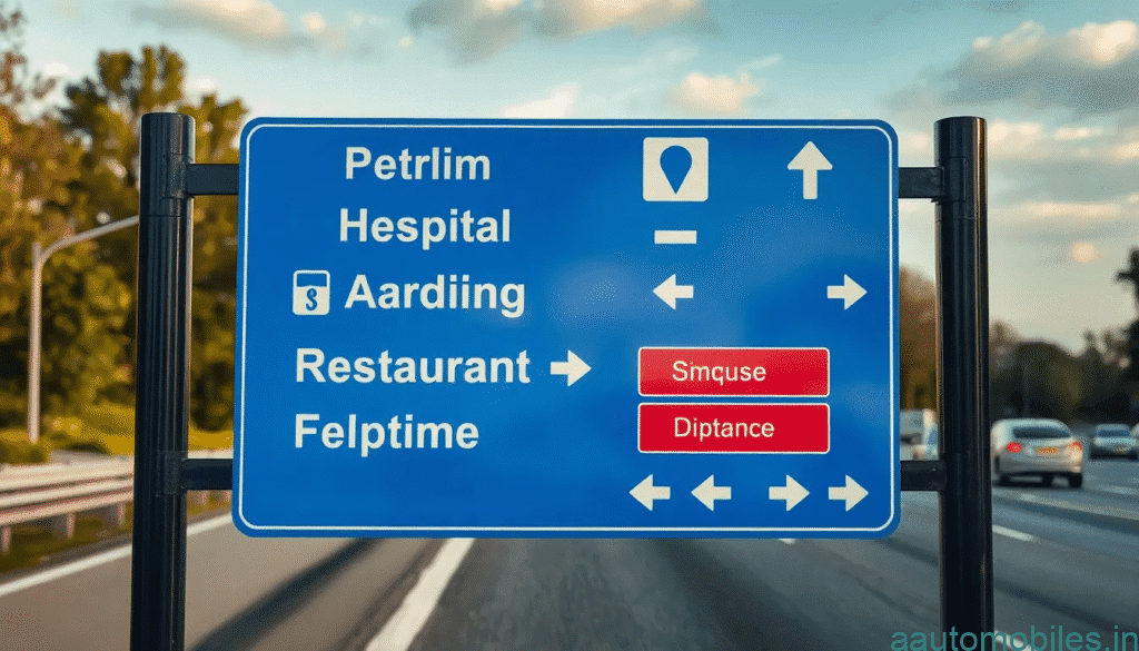 Blue informatory traffic boards on an Indian road.