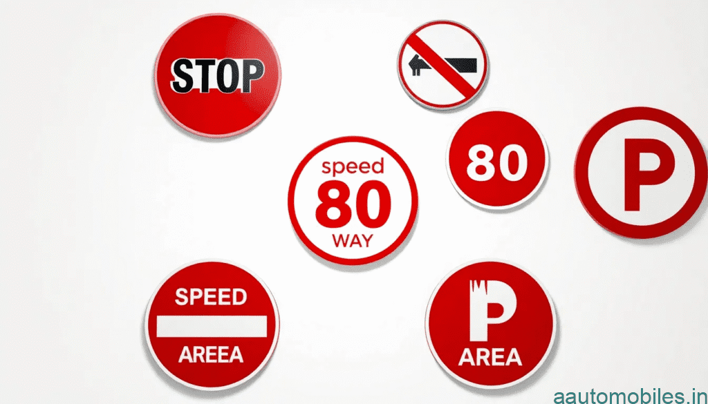 Mandatory circular road signs used in India.