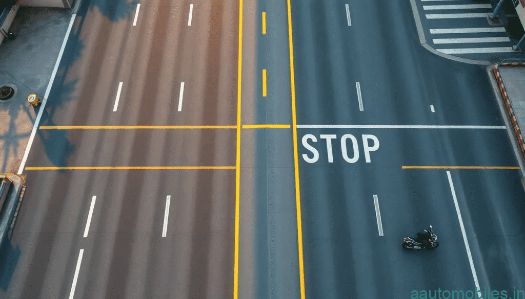 Indian road with lane markings and zebra crossing.