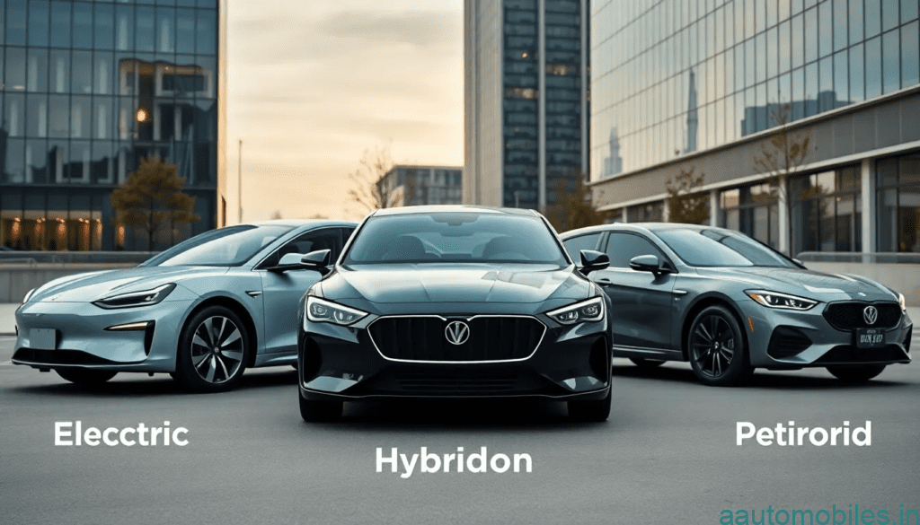 Electric car, Hybrid car, and Petrol car