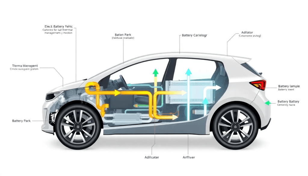 EV battery thermal management system diagram with cooling pipes and radiator