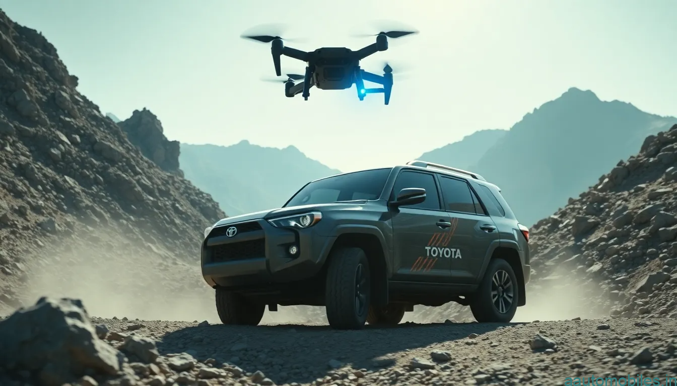 “A futuristic Toyota off-road SUV driving on a rocky mountain trail, with a small drone flying above the vehicle"