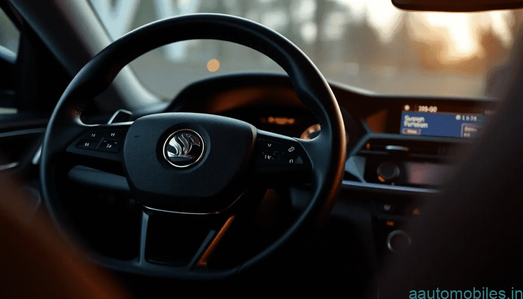 “A close-up of a Skoda Superb 2022 steering wheel glowing slightly, showing heating function in action, realistic interior, cozy lighting, modern luxury car interior.”