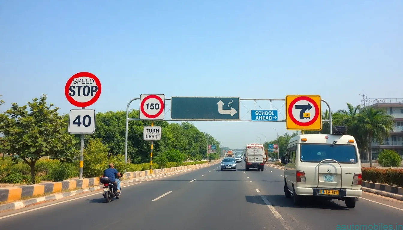 Indian road with various traffic signs visible.