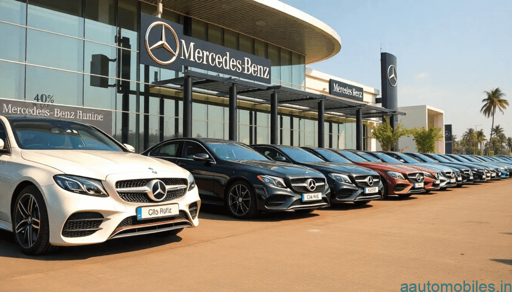 “Mercedes-Benz cars parked outside a modern dealership in Pune"