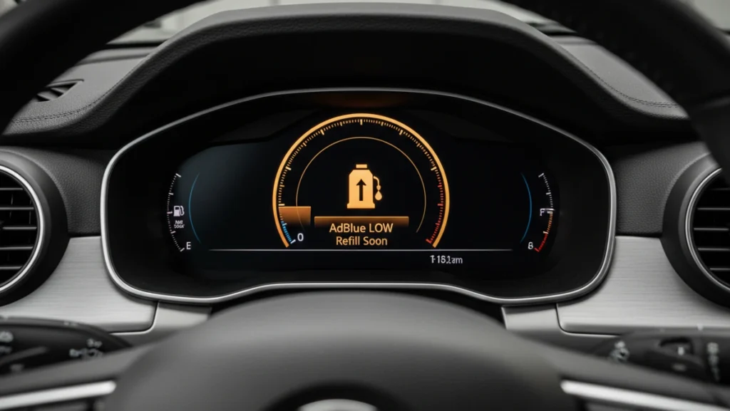 Diesel car dashboard showing AdBlue warning light