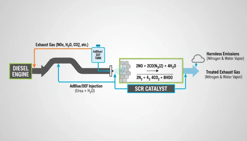 SCR system working diagram with AdBlue injection