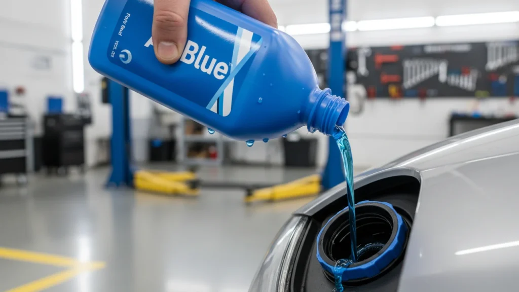 AdBlue bottle pouring into car DEF tank