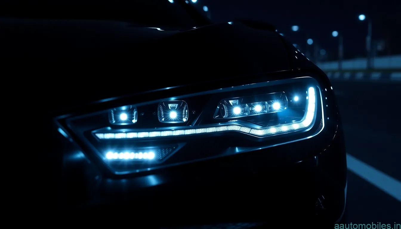 High-quality 3D render of modern Matrix LED car headlights