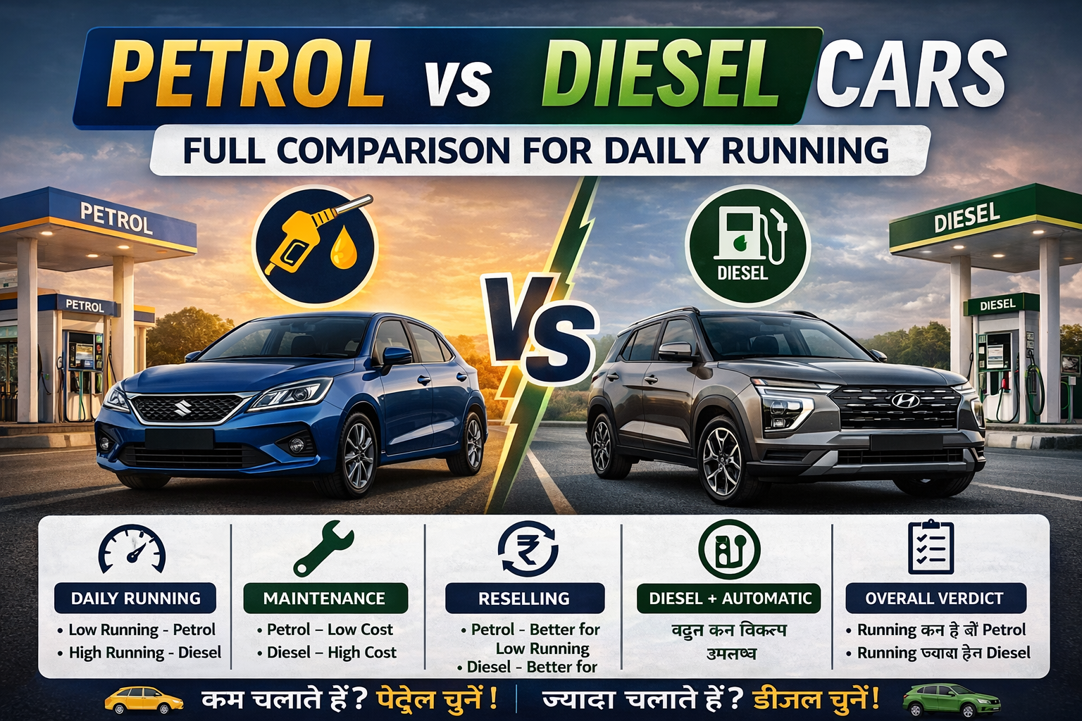 Petrol vs Diesel Cars – Full Comparison for Daily Running (2026)