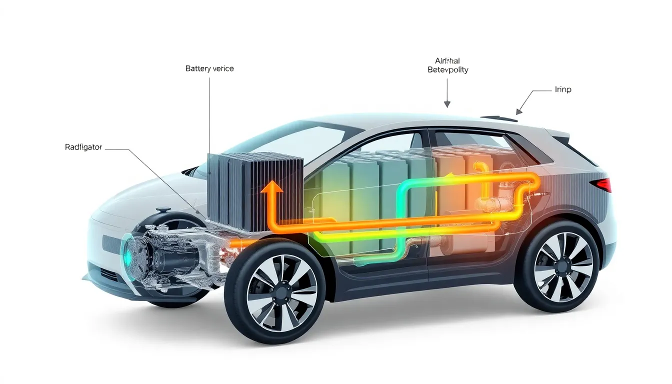 Electric vehicle battery thermal management system diagram showing cooling pipes and radiator