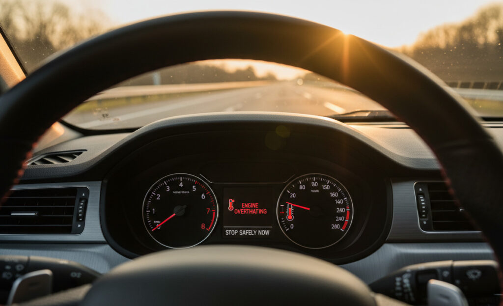 Car dashboard showing high temperature gauge