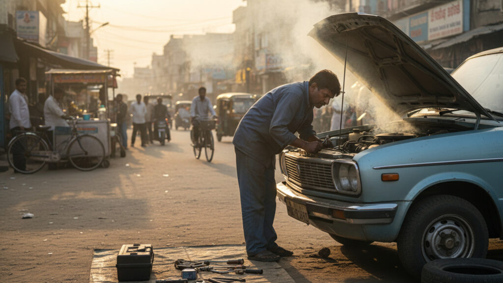 Indian roadside mechanic checking overheating car engine