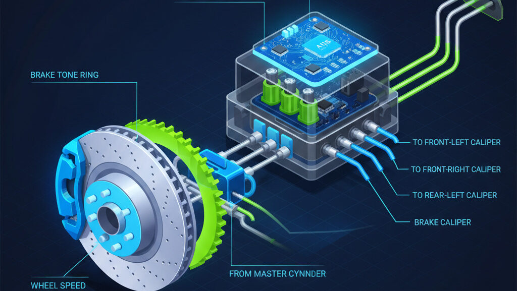 wheel speed sensor, brake disc, ABS module, technical diagram.