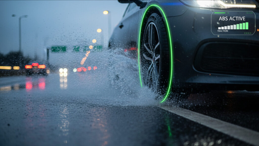 "Emergency braking on wet road with ABS system active"