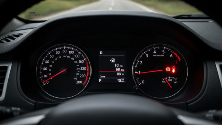 Car dashboard temperature gauge in red zone, warning light on