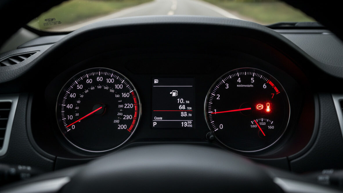 Car dashboard temperature gauge in red zone, warning light on