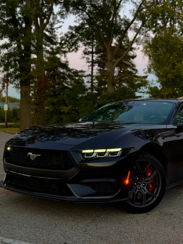 A black sports car parked outdoors with headlights on, surrounded by trees at dusk.