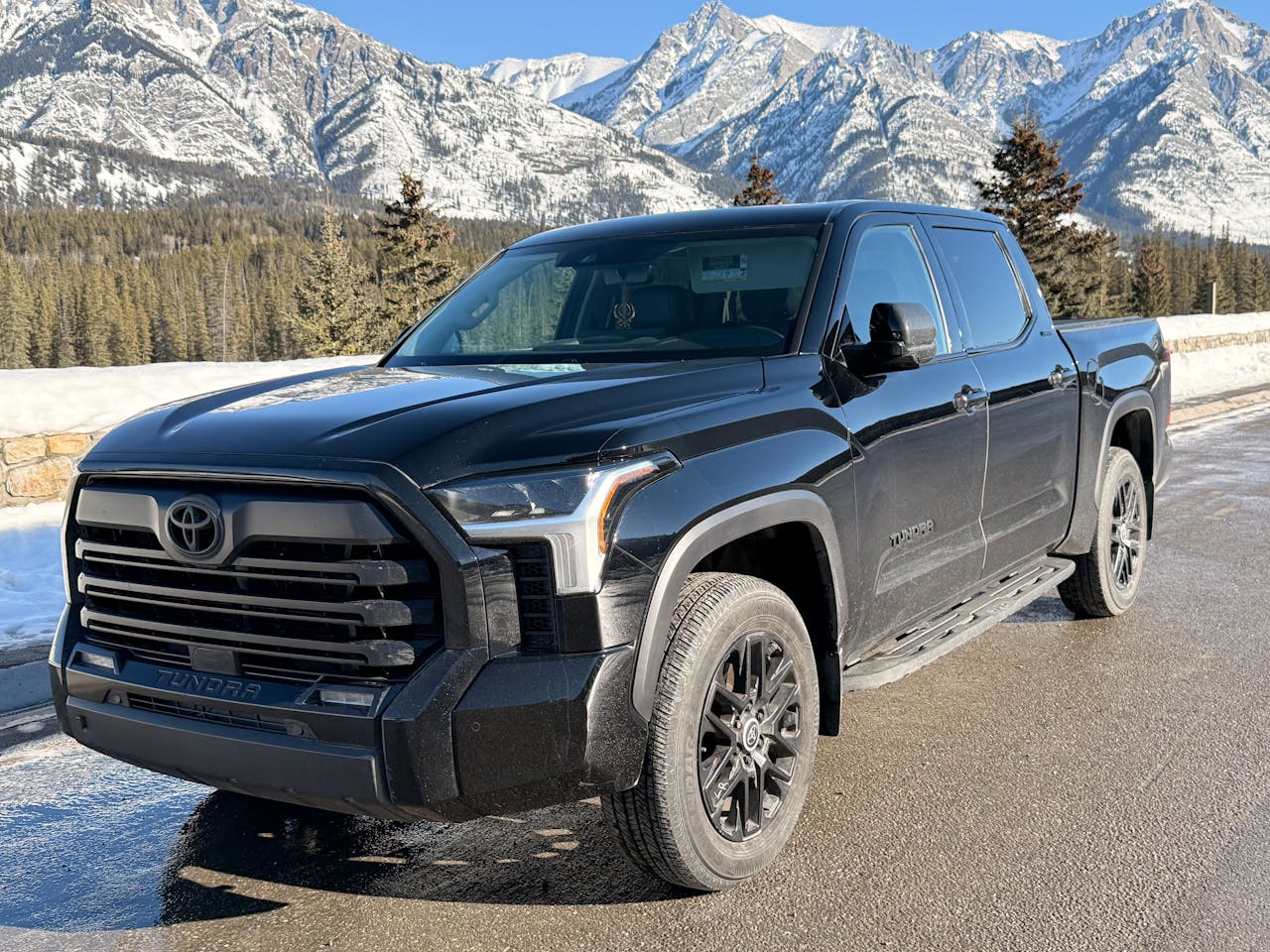 Black pickup truck parked in front of snowy mountains during daytime.