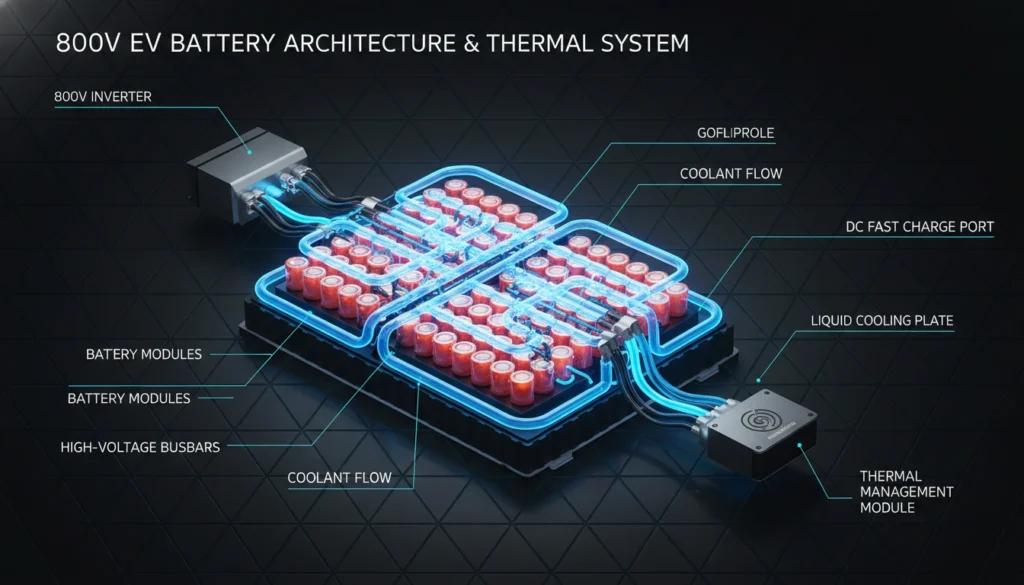 EV battery fast charging illustration, 800V architecture, thermal cooling system