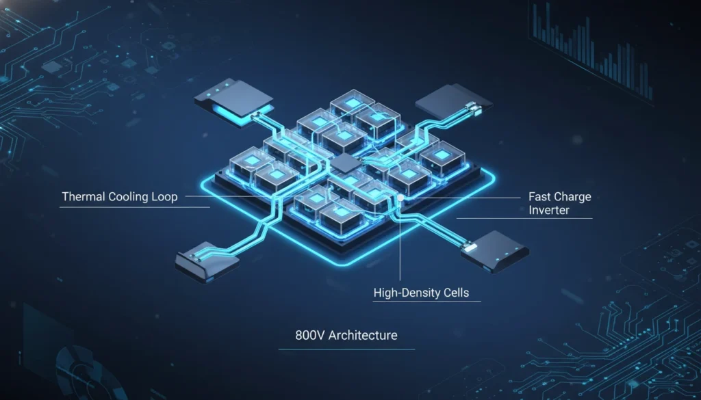 EV battery fast charging illustration, 800V architecture, thermal cooling system