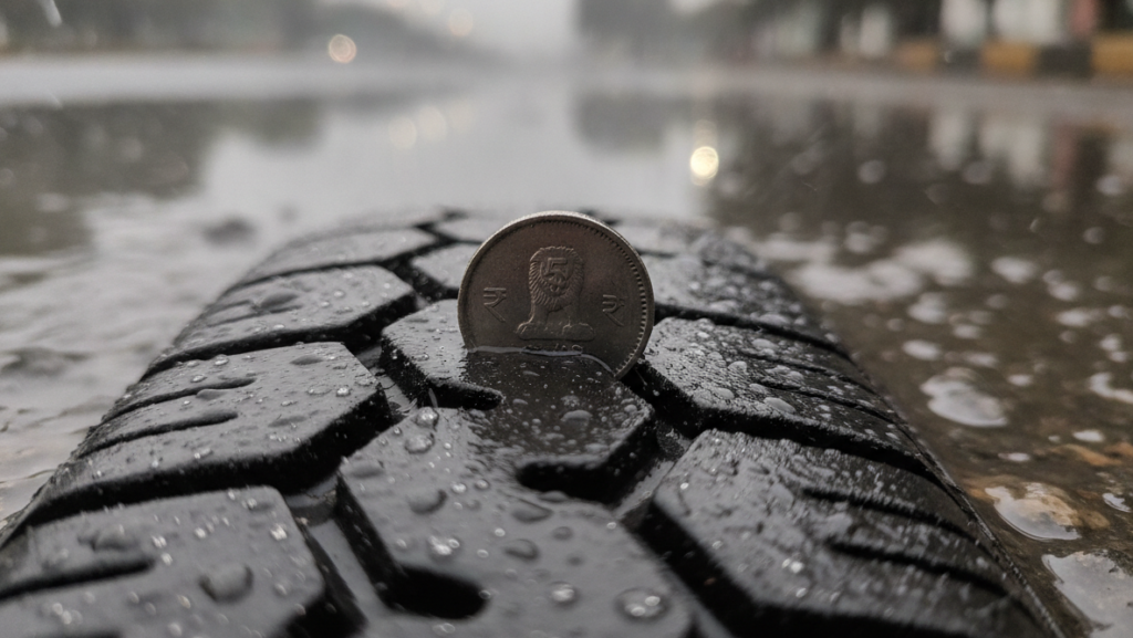 "Tyre aquaplaning monsoon India – tread depth check with 5 rupee coin test"