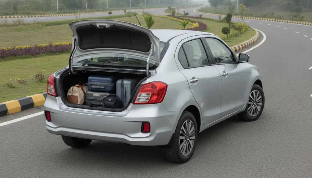  "2026 Maruti Dzire compact sedan – 5 star safety 378 litre boot best mileage family car"