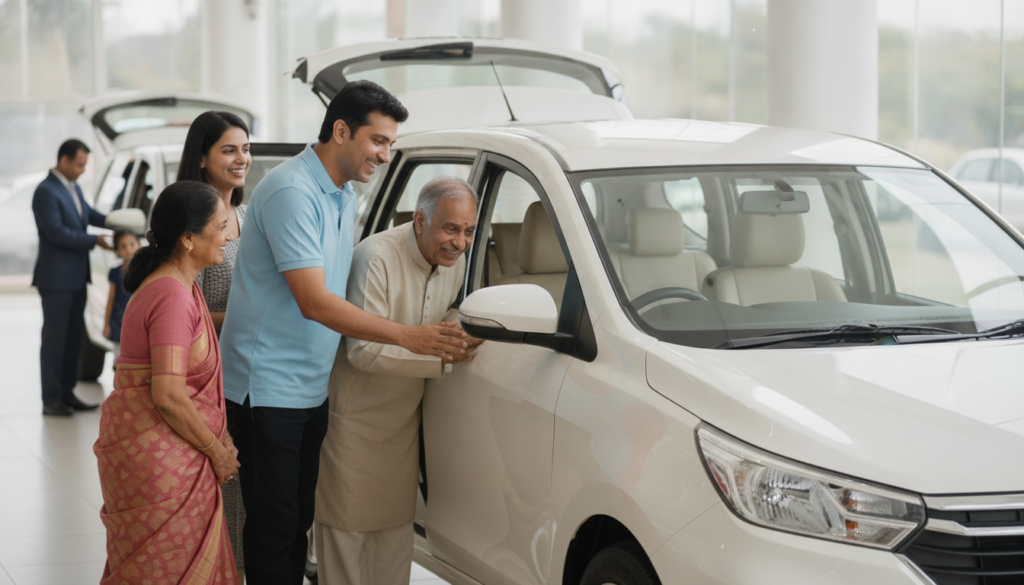  "Family test driving a car at dealership in India – car buying tips 2026"