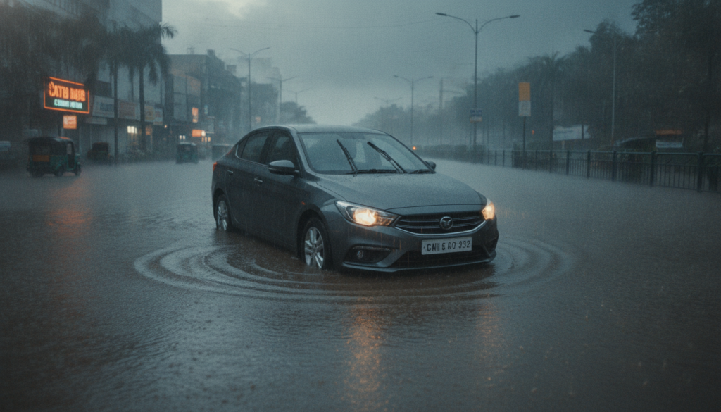 "Car stalled in waterlogged road – hydrolock engine damage monsoon India"