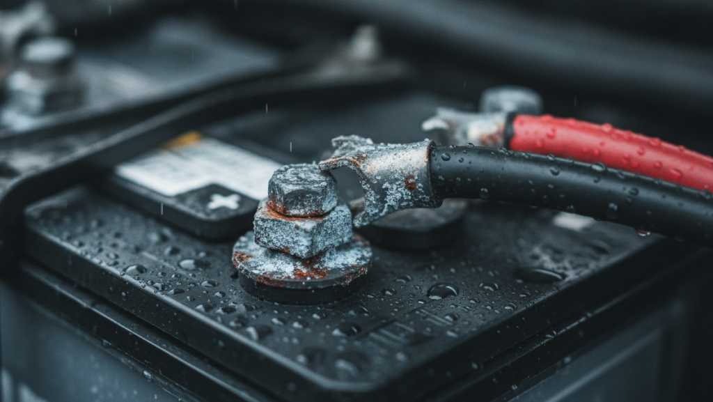 "Car electrical problems in monsoon – corroded battery terminals and wiring moisture India"